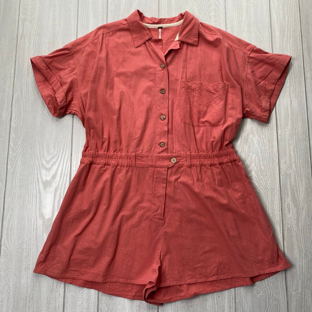 FREE PEOPLE WOMEN'S COTTON DUSTY ROSE PINK UTILITY ROMPER SIZE LARGE
